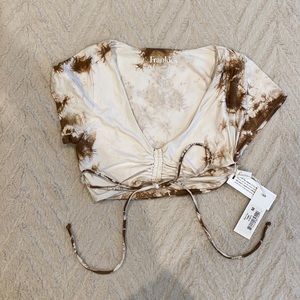 Frankie’s Bikinis brown tie dye bathing suit top